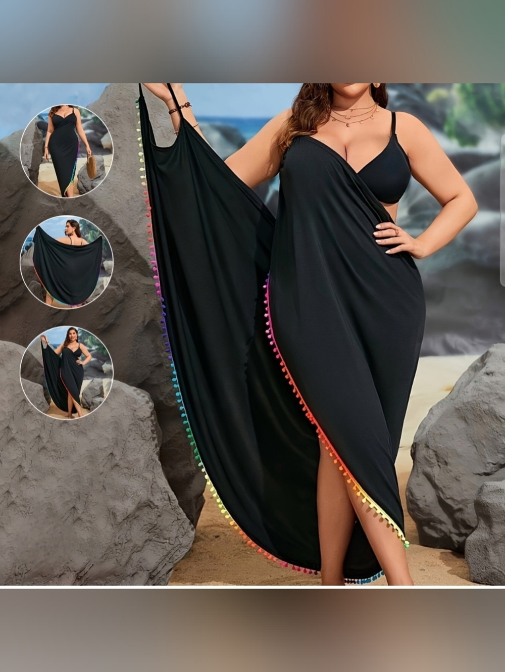 Black Swim Sarong Cover-Up with Rainbow Pom Trim